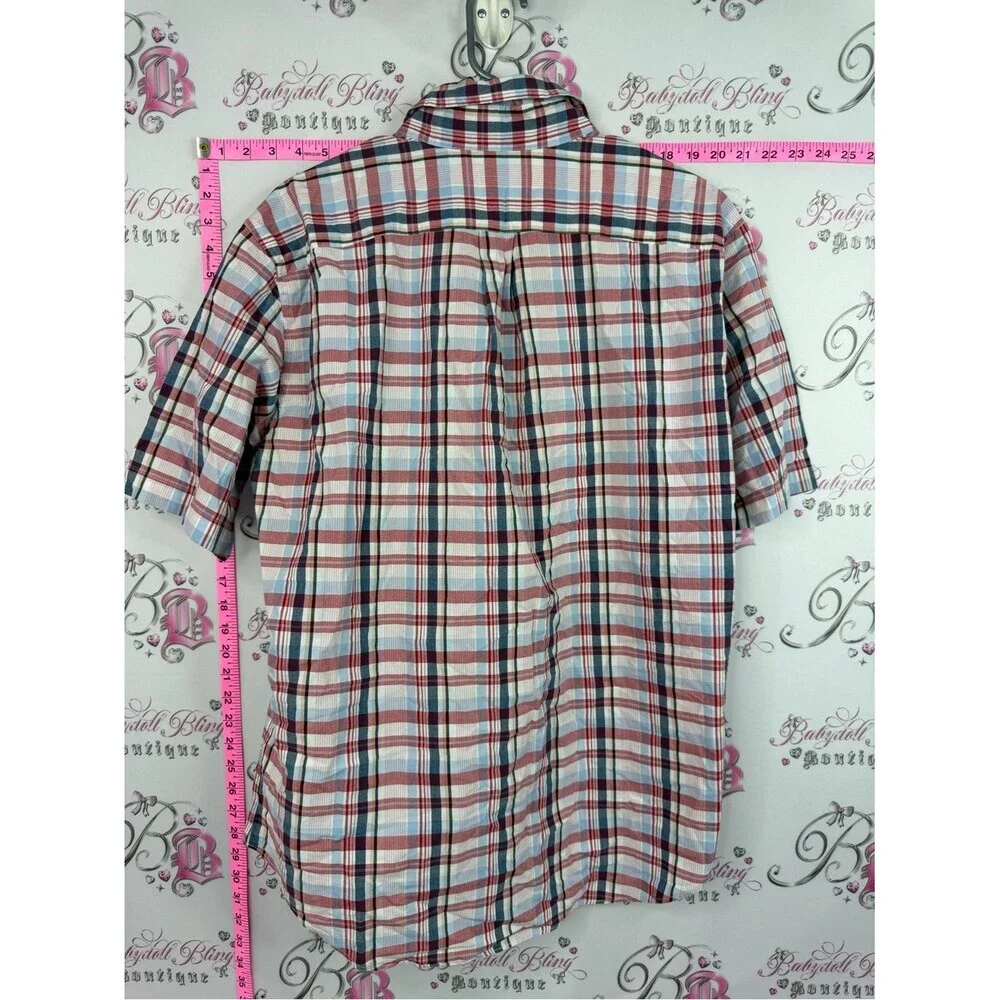 Nautica tshirt Short Sleeve Plaid Button-Up Shirt in Red, Blue, White